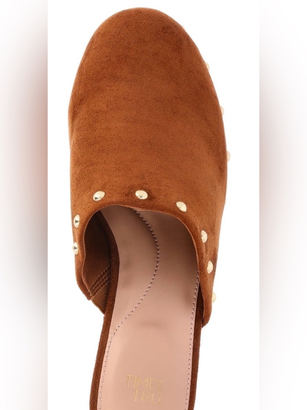 Time and Tru Women’s Faux Suede Studded Clogs with Block Heels - Picture 4 of 7